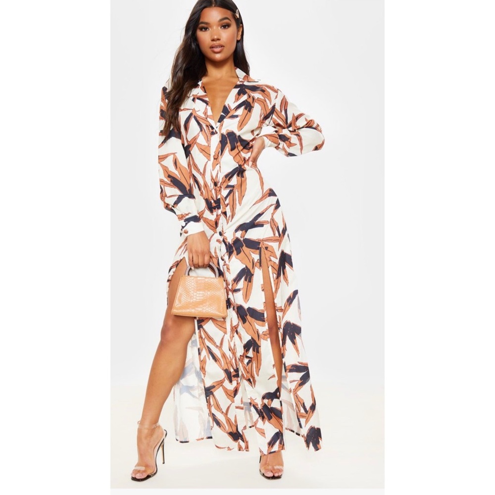 White tropical print split front maxi dress